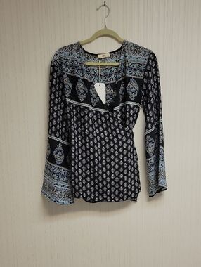 Hummingbird Black & Blue Paisley Wrap Long-Sleeve Boho Blouse Small New